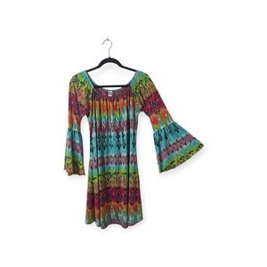 2B Together Mini Dress Womens Medium Multi Ikat Bell Sleeve Boho Off Shoulder